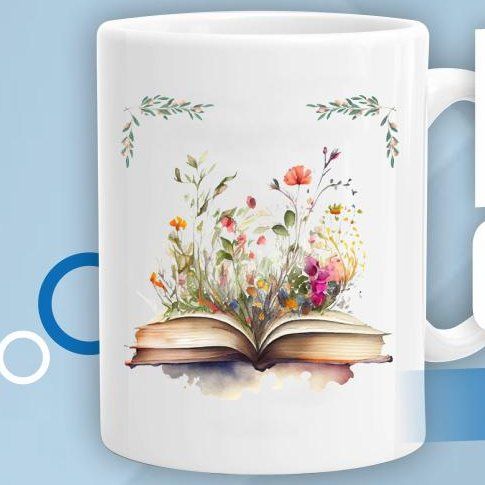 Mug keramik putih dengan desain bunga dan buku